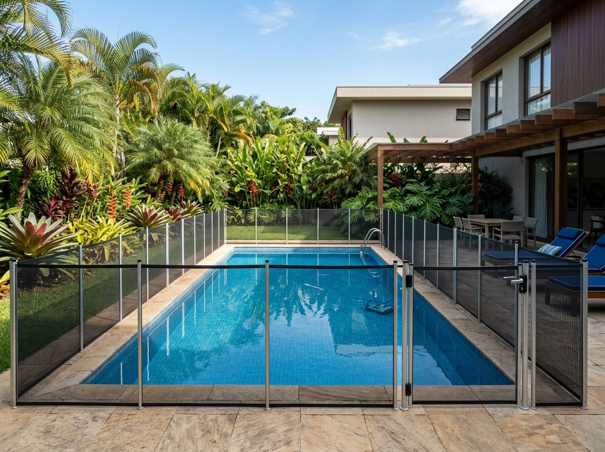 Cerca removível de proteção instalada ao redor de piscina residencial em Sete Lagoas