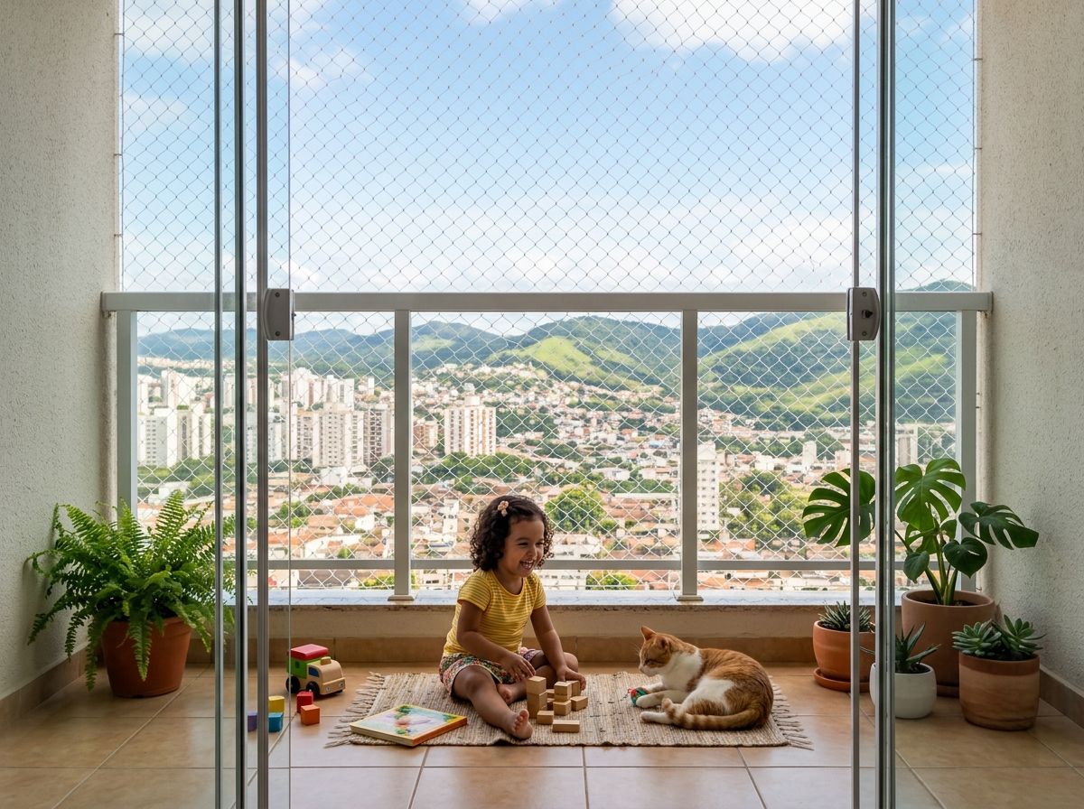 Criança e gato brincando com segurança em sacada com rede de proteção instalada em apartamento de Sete Lagoas