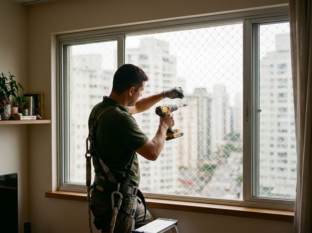 Instalador da Telas Jacuri fixando rede de proteção em janela de apartamento